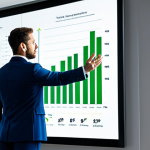 A highly competent and diverse professional in sports marketing, fully clothed in a sharp, modest business suit, stands confidently in a modern, brightly lit office environment. They are gesturing towards a large interactive digital screen displaying complex data visualizations and growth charts, emphasizing data-driven strategies and innovation. The setting reflects strategic insight and forward-thinking. The image should feature perfect anatomy, correct proportions, well-formed hands, and a natural pose. High-quality professional photography, safe for work, appropriate content, family-friendly.