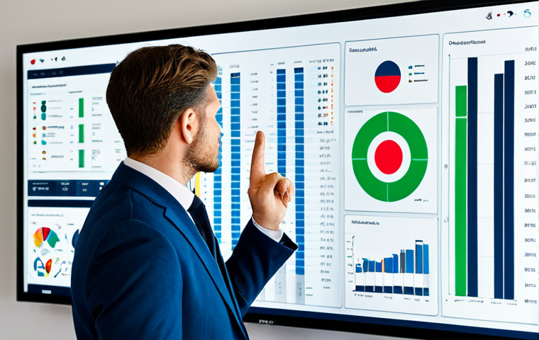 A professional sports marketing analyst, fully clothed in a modest business suit, intently examining complex data visualizations on a large screen in a modern, clean office. The screen displays graphs, charts, and fan segmentation maps, with subtle nods to a Dutch Eredivisie football club. The background subtly features elements of a football stadium. The analyst is in a natural, focused pose. High-quality professional photograph, realistic, perfect anatomy, correct proportions, natural body proportions, well-formed hands, proper finger count, fully clothed, appropriate attire, professional dress, safe for work, appropriate content, family-friendly.