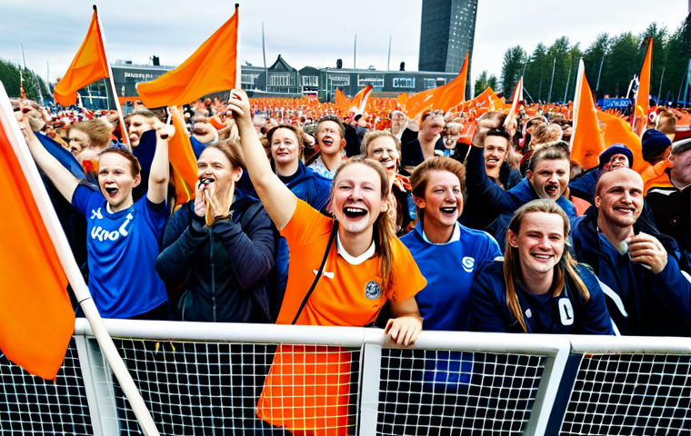 Enthusiastic Crowd at a Dutch Sporting Event**
"A vibrant and energetic crowd at a field hockey game in Amsterdam, the Netherlands. Fans are fully clothed in appropriate attire, cheering and waving orange flags. The atmosphere is festive with food trucks and live music in the background. Focus on capturing the excitement and community spirit, safe for work, appropriate content, fully clothed, perfect anatomy, natural proportions, professional photography, family-friendly."
**