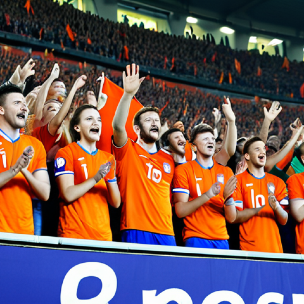 **

"A vibrant and cheerful crowd of fully clothed football fans, wearing orange jerseys and waving Dutch flags, cheering enthusiastically in a packed stadium. The background shows a modern stadium with bright lights and a large screen displaying the team's logo. Safe for work, appropriate content, family-friendly, professional photography, perfect anatomy, correct proportions, natural pose, well-formed hands, proper finger count, natural body proportions, high quality."

**