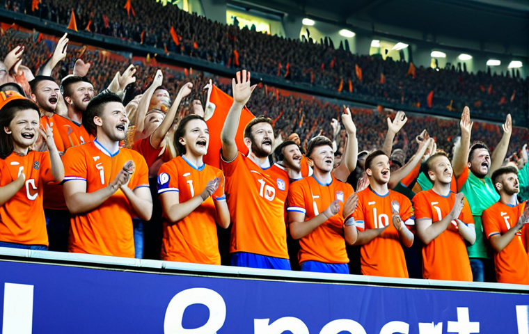 **
"A vibrant and cheerful crowd of fully clothed football fans, wearing orange jerseys and waving Dutch flags, cheering enthusiastically in a packed stadium. The background shows a modern stadium with bright lights and a large screen displaying the team's logo. Safe for work, appropriate content, family-friendly, professional photography, perfect anatomy, correct proportions, natural pose, well-formed hands, proper finger count, natural body proportions, high quality."
**
