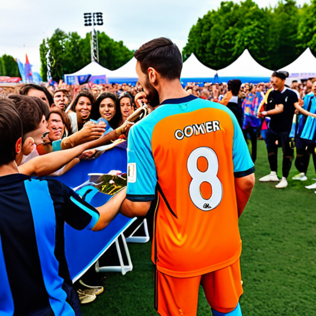 Sport & Entertainment Crossover**
"A professional soccer player in full kit, fully clothed, signing autographs for fans holding merchandise like shirts and posters. Background is a vibrant, colorful festival scene with a stage and concertgoers. Appropriate attire, safe for work, perfect anatomy, well-formed hands, correct proportions, professional photography, high quality, family-friendly, modest."
**