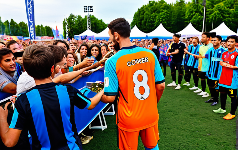 Sport & Entertainment Crossover**
"A professional soccer player in full kit, fully clothed, signing autographs for fans holding merchandise like shirts and posters. Background is a vibrant, colorful festival scene with a stage and concertgoers. Appropriate attire, safe for work, perfect anatomy, well-formed hands, correct proportions, professional photography, high quality, family-friendly, modest."
**