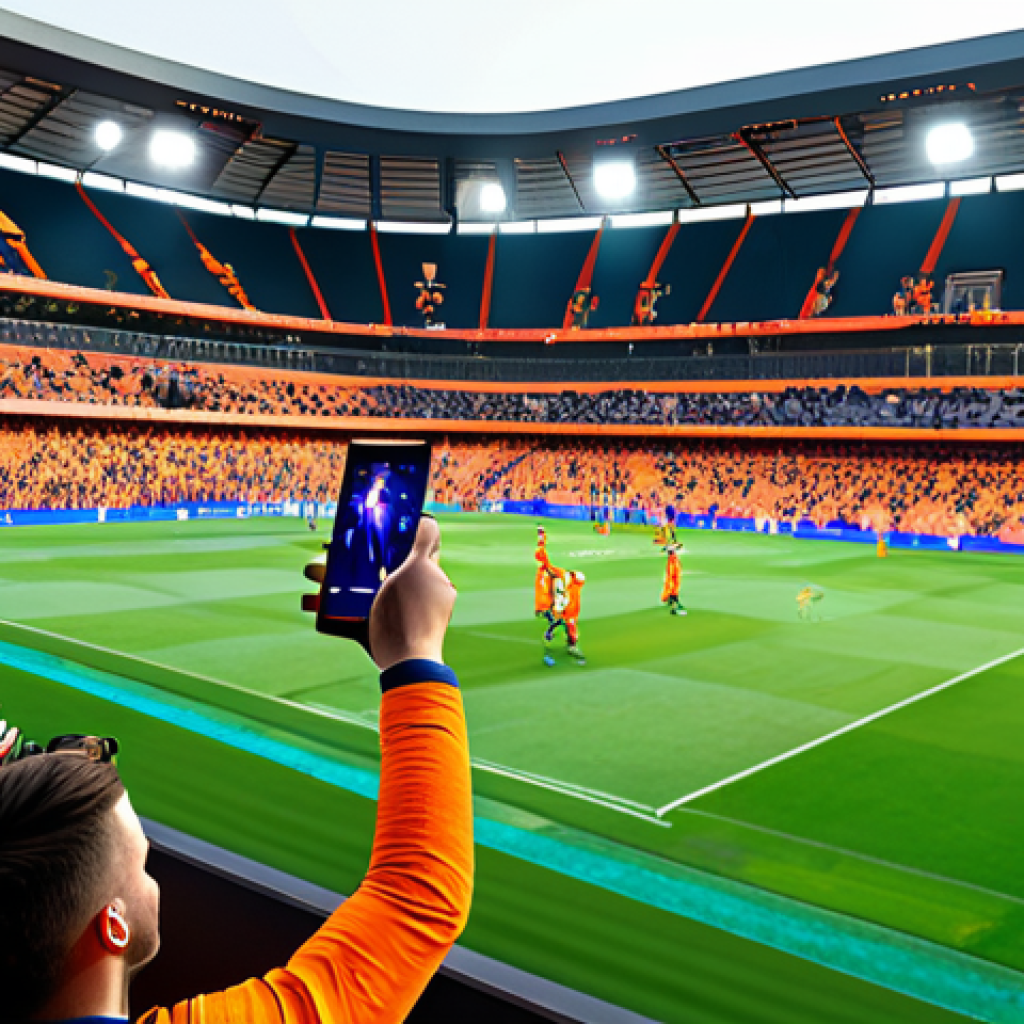 Immersive Stadium Experience**

"A vibrant, fully-packed football stadium scene in the Netherlands, fans are wearing orange jerseys and cheering enthusiastically, some holding up their smartphones to engage with augmented reality content overlaid on the field. The image should showcase a mix of excitement and technological integration, emphasizing AR graphics displaying live stats and player information. Appropriate attire, family-friendly environment, safe for work, perfect anatomy, natural proportions, professional digital art, bright and dynamic lighting."

**