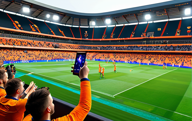Immersive Stadium Experience**
"A vibrant, fully-packed football stadium scene in the Netherlands, fans are wearing orange jerseys and cheering enthusiastically, some holding up their smartphones to engage with augmented reality content overlaid on the field. The image should showcase a mix of excitement and technological integration, emphasizing AR graphics displaying live stats and player information. Appropriate attire, family-friendly environment, safe for work, perfect anatomy, natural proportions, professional digital art, bright and dynamic lighting."
**