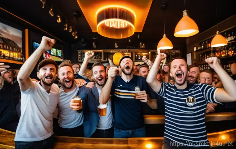 스포츠마케팅 전문가로서의 시장 인식 강화 - **A vibrant sports bar in Amsterdam, filled with diverse football (soccer) fans, young and old, pass...