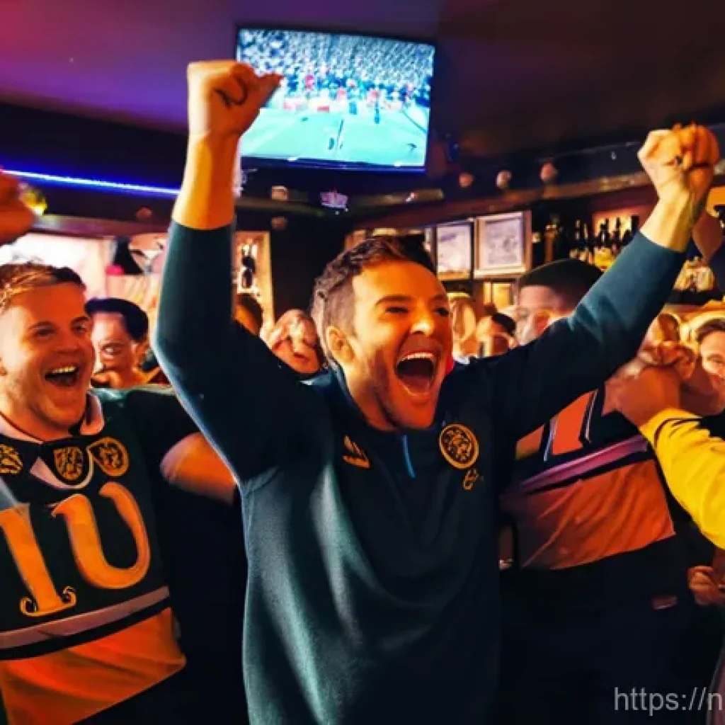스포츠마케팅 이론과 실무의 차이점 - **Scene:** A vibrant, spontaneous celebration erupts in a traditional Dutch sports pub after a local...