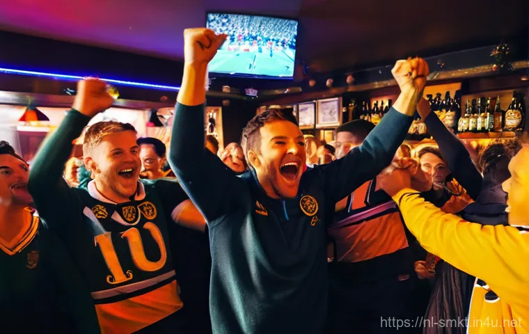 스포츠마케팅 이론과 실무의 차이점 - **Scene:** A vibrant, spontaneous celebration erupts in a traditional Dutch sports pub after a local...
