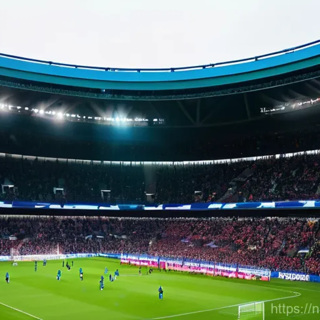 스포츠 경기장 내 마케팅 사례 - **A breathtaking, wide-angle shot of a modern, multi-tiered football stadium in the Netherlands, bus...