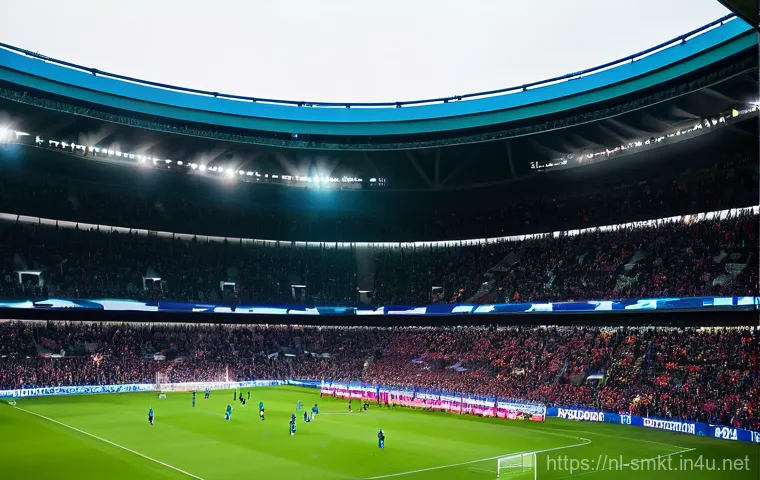 스포츠 경기장 내 마케팅 사례 - **A breathtaking, wide-angle shot of a modern, multi-tiered football stadium in the Netherlands, bus...