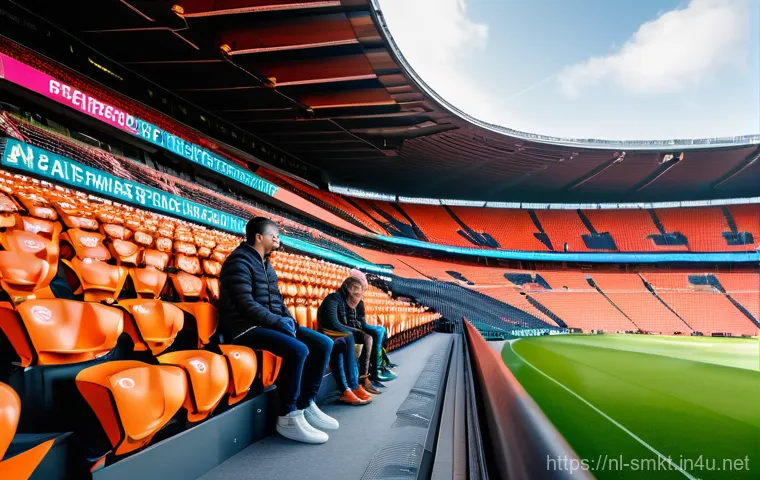 스포츠 경기장 내 마케팅 사례 - **A breathtaking, wide-angle shot of a modern, multi-tiered football stadium in the Netherlands, bus...