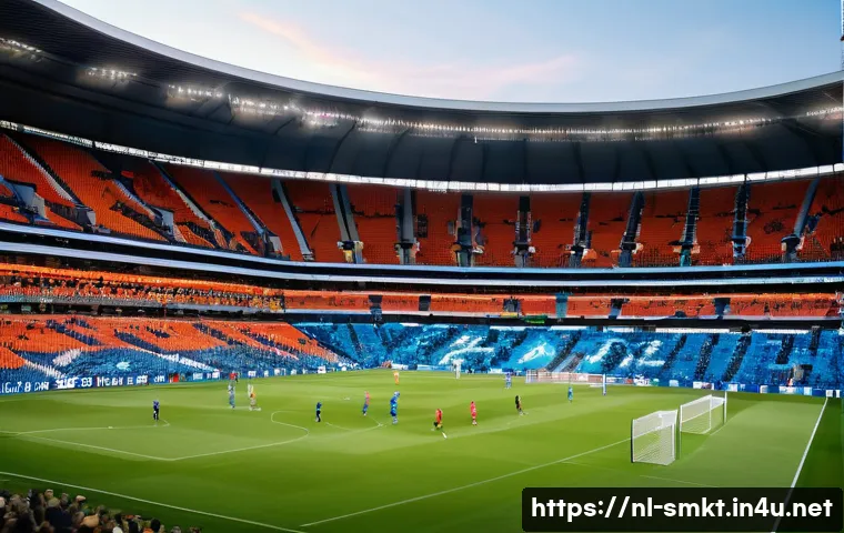 스포츠마케팅과 팬 데이터 분석 사례 - A vibrant sports stadium scene during a live football match in the Netherlands, showing diverse fans...