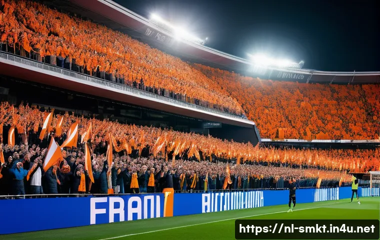 스포츠마케팅 전문가의 창의적 사고법 - A dynamic, emotional sports marketing scene set in a modern Dutch stadium during a packed football m...