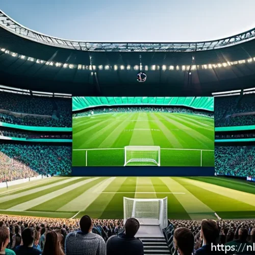Home 33 스포츠마케팅 직무와 관련된 주요 연구 트렌드 - A dynamic sports marketing scene showing a diverse group of engaged football fans watching a live ma...