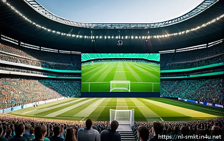 스포츠마케팅 직무와 관련된 주요 연구 트렌드 - A dynamic sports marketing scene showing a diverse group of engaged football fans watching a live ma...