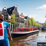 Home 20 스포츠마케팅 학회 및 포럼 참가 후기 - A dynamic digital sports marketing campaign scene set in Amsterdam, featuring diverse Dutch sports f...