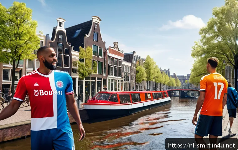 스포츠마케팅 학회 및 포럼 참가 후기 - A dynamic digital sports marketing campaign scene set in Amsterdam, featuring diverse Dutch sports f...