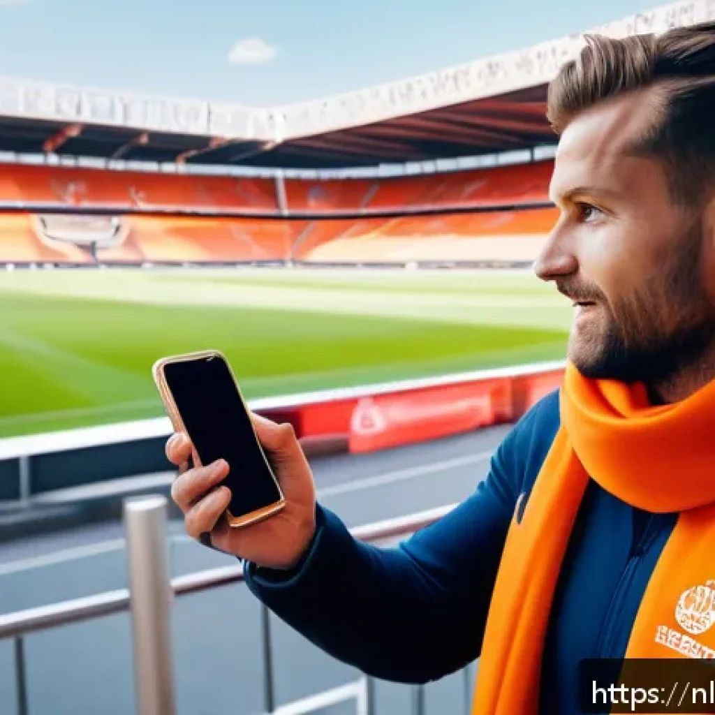 스포츠마케팅 전문가로 성장하기 위한 노하우 - A vibrant sports marketing scene featuring a passionate Dutch football fan wearing an orange scarf a...