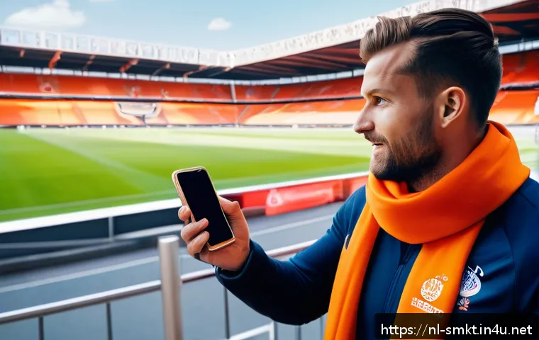 스포츠마케팅 전문가로 성장하기 위한 노하우 - A vibrant sports marketing scene featuring a passionate Dutch football fan wearing an orange scarf a...