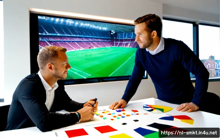 Home 17 스포츠마케팅 전문가로서의 전문성 향상 계획 - Photorealistic sports marketing professional in a modern Amsterdam office, reviewing an unlabeled st...
