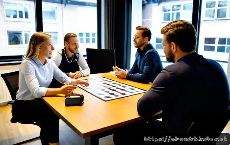 Home 17 스포츠마케팅 직무에서의 효과적인 팀워크 관리 - Photorealistic Dutch sports marketing team collaborating around a clean conference table in a modern...