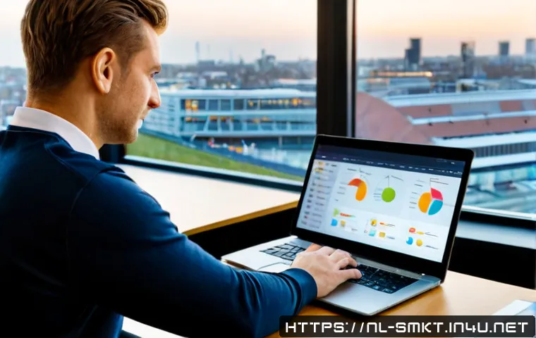 Home 17 스포츠마케팅 전문가의 경력 목표 설정 - Photorealistic sports marketing professional in a modern Amsterdam office, confidently reviewing a v...