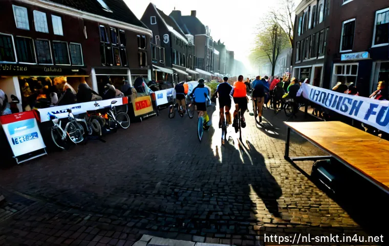 Home 17 스포츠 이벤트 마케팅과 지역 경제 - Photorealistic Dutch city marathon event beside a historic canal, diverse runners crossing a finish ...