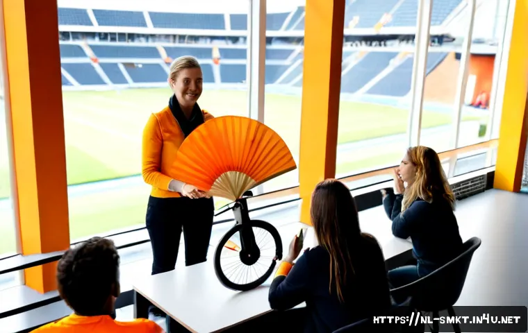 스포츠마케팅에서 창의적 문제 해결 사례 - Photorealistic sports marketing brainstorming in a modern Amsterdam cycling stadium, diverse Dutch c...